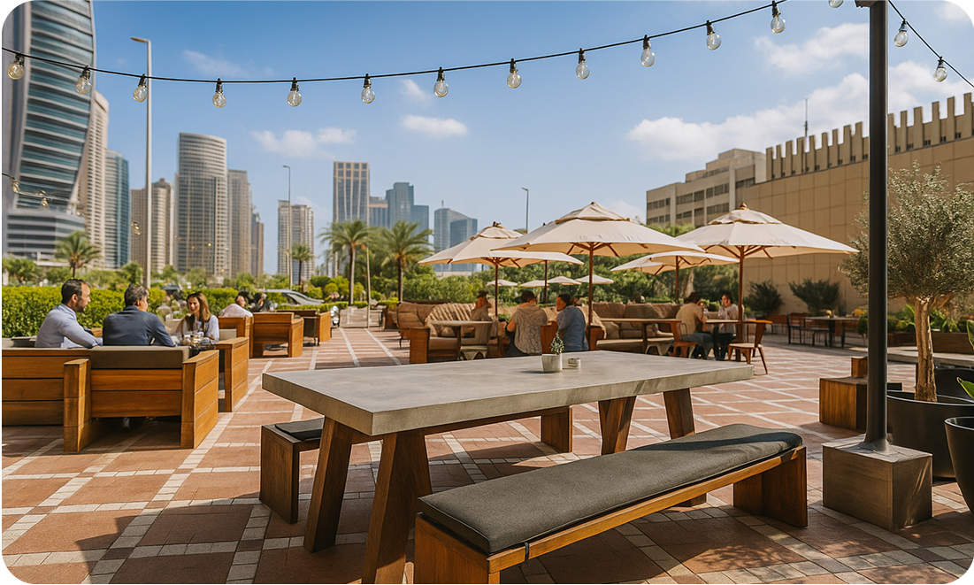 Outdoor café seating at 1762 Stripped in JLT, Dubai, with skyline views, shaded tables, and a relaxed pet-friendly atmosphere.