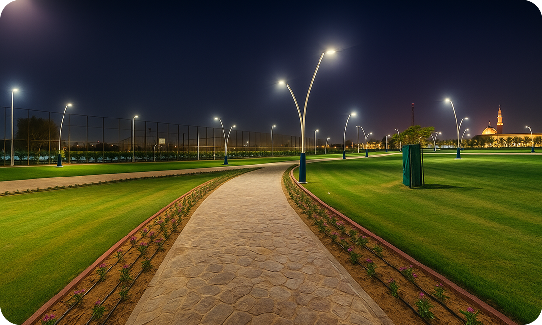 Barsha South Park in Dubai at night with lit walking paths, open green lawns, and landscaped garden beds — a quiet pet-friendly space for leashed dogs.