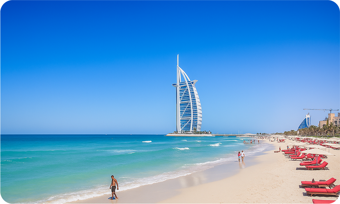 Al Sufouh Beach in Dubai with a view of the Burj Al Arab and turquoise water — an unofficial dog-friendly spot known as Secret Beach.