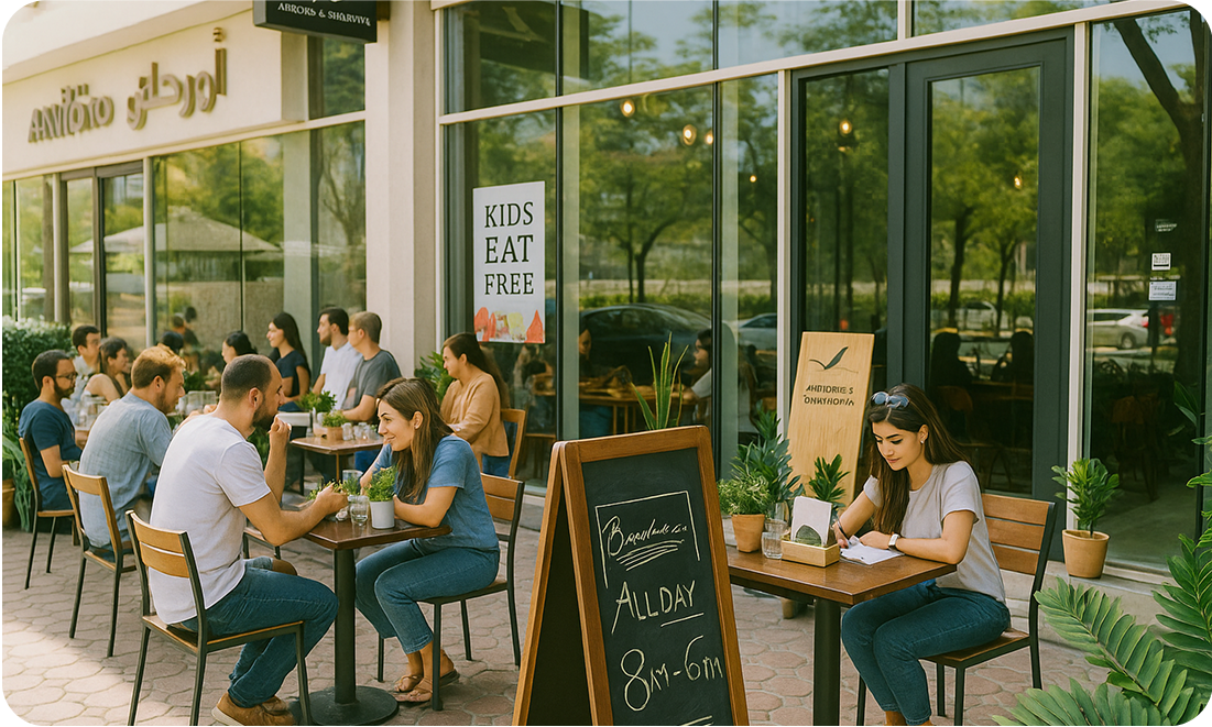 Outdoor seating area at Arrows & Sparrows café in Dubai, with shaded tables, greenery, and a relaxed atmosphere popular with pet owners.