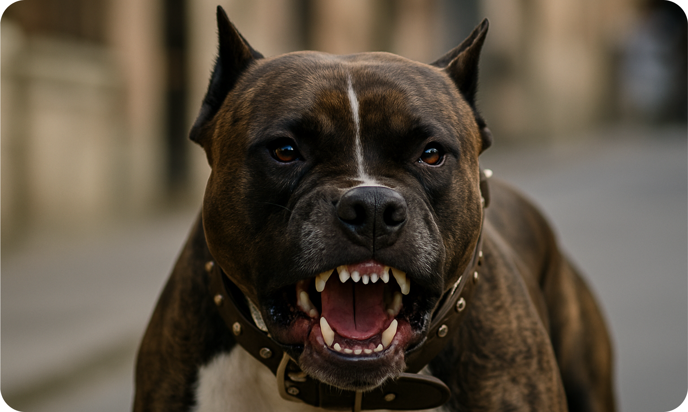 An aggressive-looking dog resembling a banned breed such as the American Pit Bull Terrier, which is illegal to own or import in the UAE due to safety regulations.