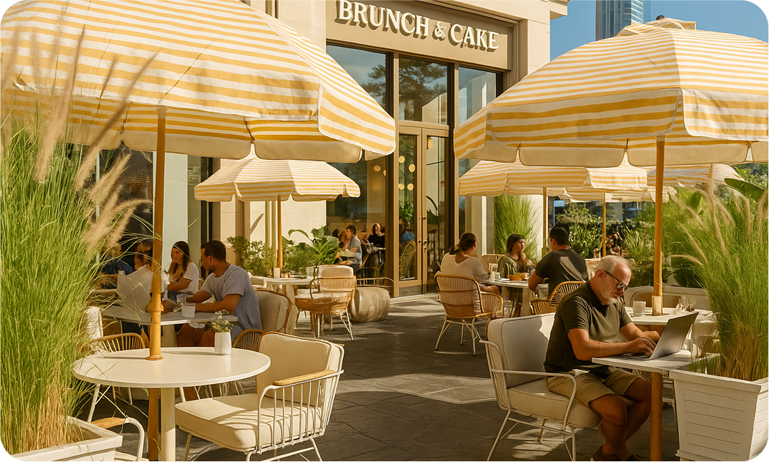 Outdoor seating at Brunch & Cake in Dubai with striped umbrellas, lush greenery, and a stylish pet-friendly dining atmosphere.