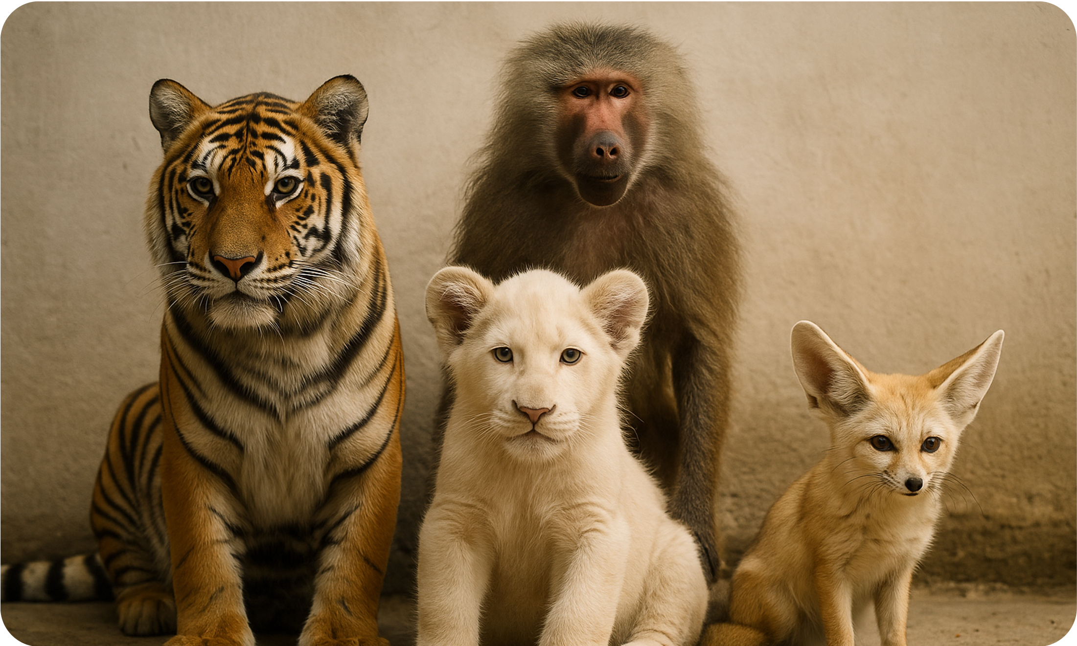 A tiger, white lion cub, baboon, and fennec fox — examples of exotic animals banned as pets in Dubai due to public safety and conservation laws.