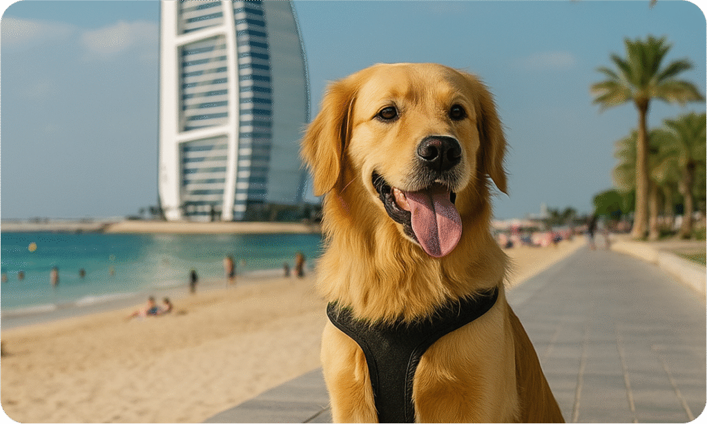 Golden retriever sitting near the beach in Dubai with Burj Al Arab in the background — showcasing a pet-friendly spot in the UAE.