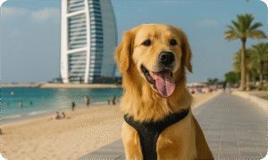 Golden retriever sitting near the beach in Dubai with Burj Al Arab in the background — showcasing a pet-friendly spot in the UAE.