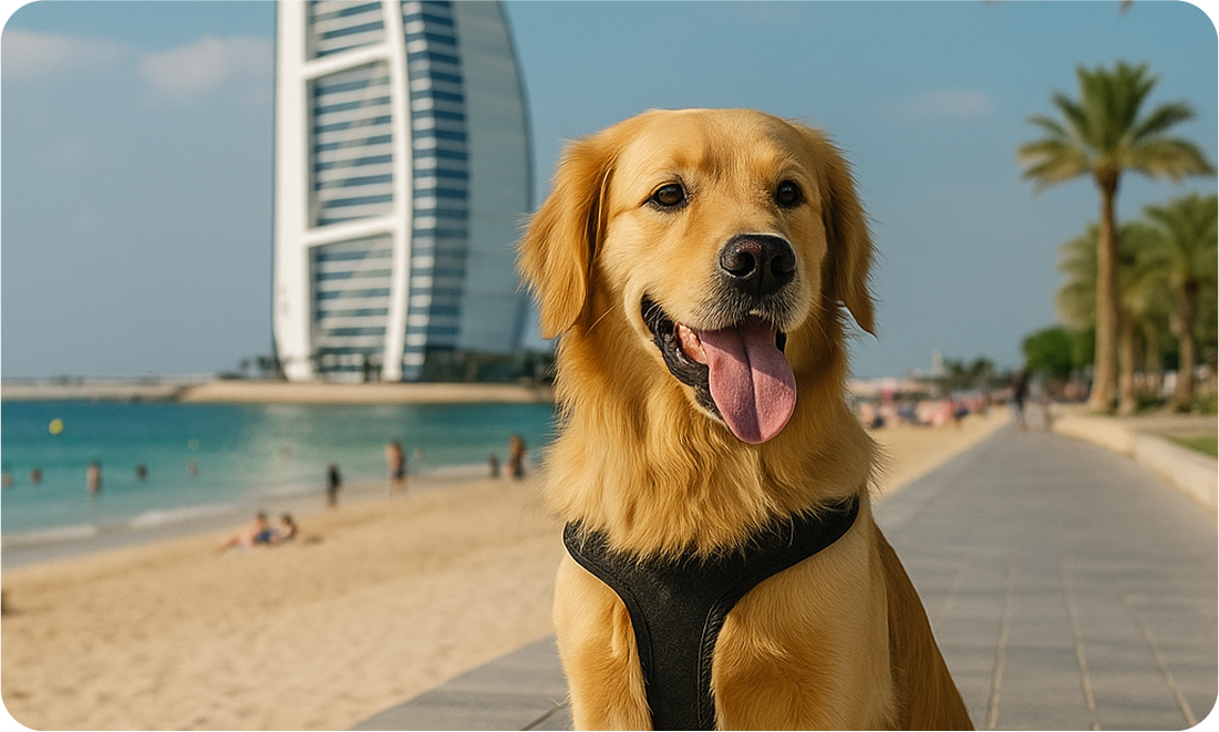 Golden retriever sitting near the beach in Dubai with Burj Al Arab in the background — showcasing a pet-friendly spot in the UAE.