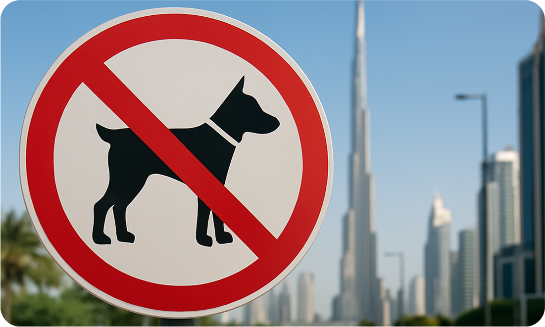 No dogs allowed sign on a street in Dubai with a blurred city background — indicating restricted areas for pets in public spaces.
