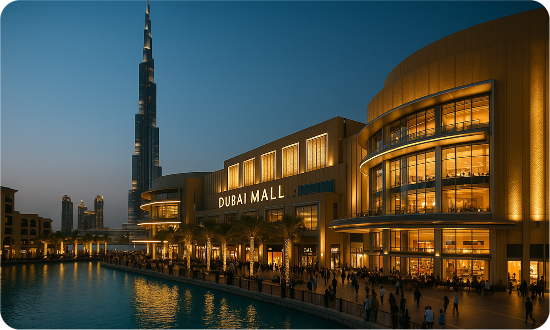 Exterior of Dubai Mall at twilight with Burj Khalifa in background and waterfront promenade, Dubai UAE