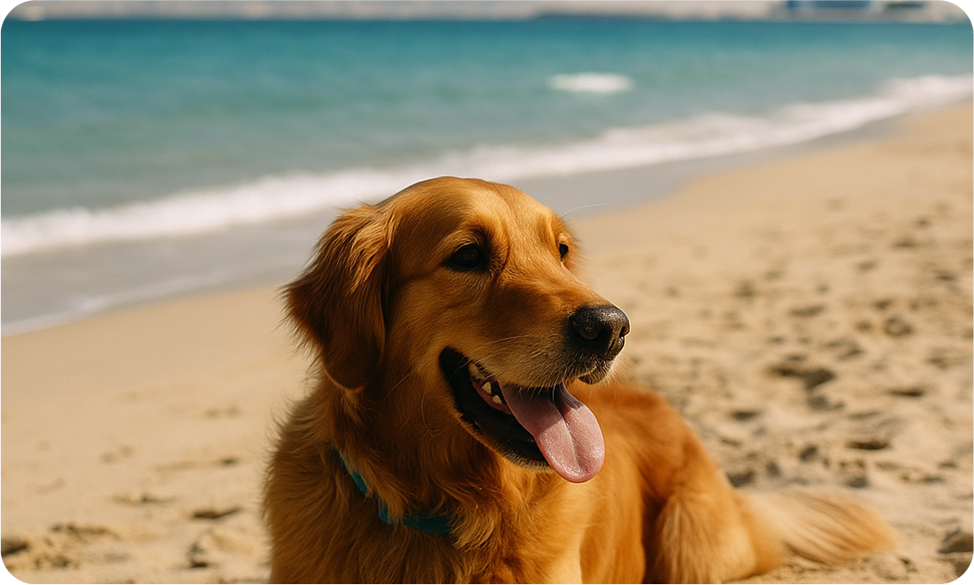 Golden retriever relaxing on a beach in Dubai with the Burj Al Arab in the background — representing pet-friendly places in Dubai.
