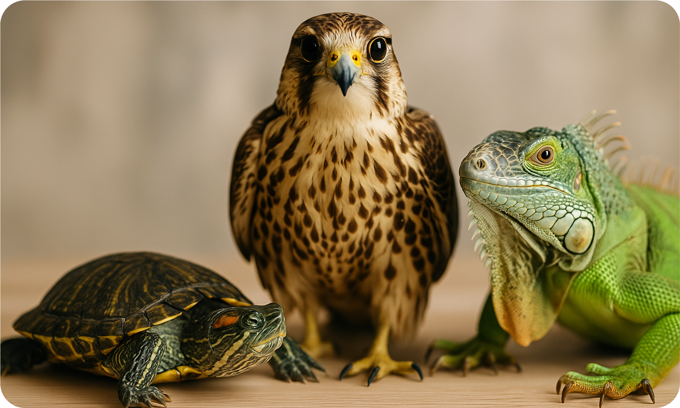 What Pets Are Legal - A turtle, falcon, and iguana — examples of legal but heavily regulated pets in Dubai, including exotic reptiles and culturally protected birds.”
