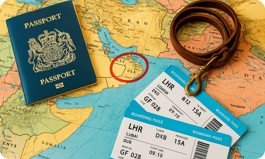 Flat-lay of UK passport, pet leash, and UAE-bound boarding passes on a world map with the UAE circled — representing international pet relocation planning.