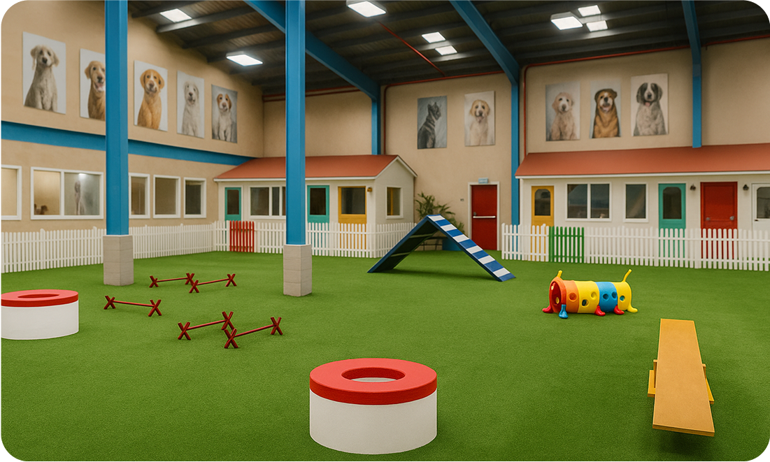 Indoor dog park and daycare facility at My Second Home in Dubai, featuring agility equipment, colorful cabins, and artificial turf play zones.