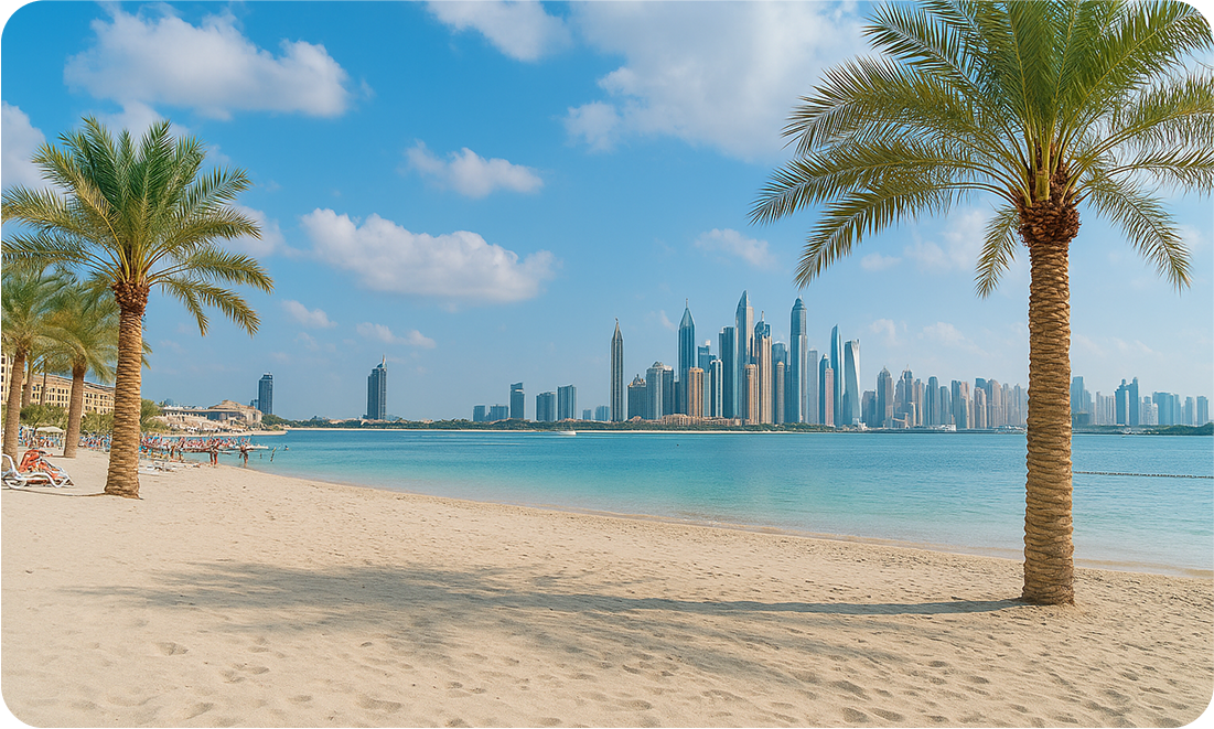 Palm West Beach in Dubai with skyline views and white sand — a popular pet-friendly spot for dog owners during early mornings.