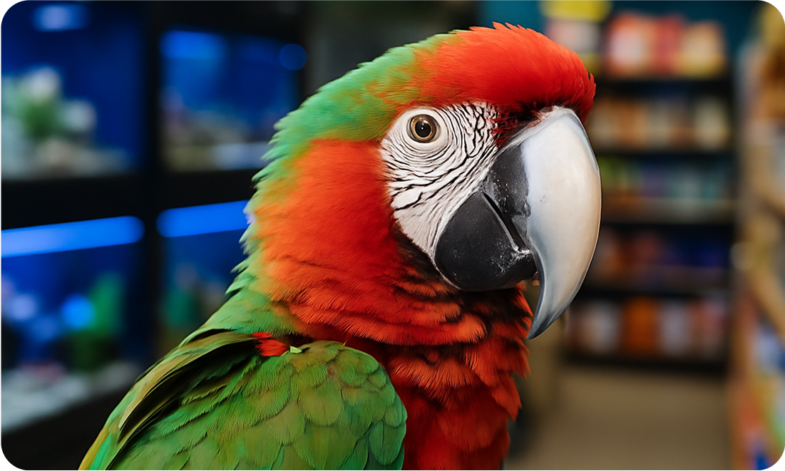 Greenwing Macaw parrot inside a Dubai pet store, with colorful feathers and aquariums in the background.