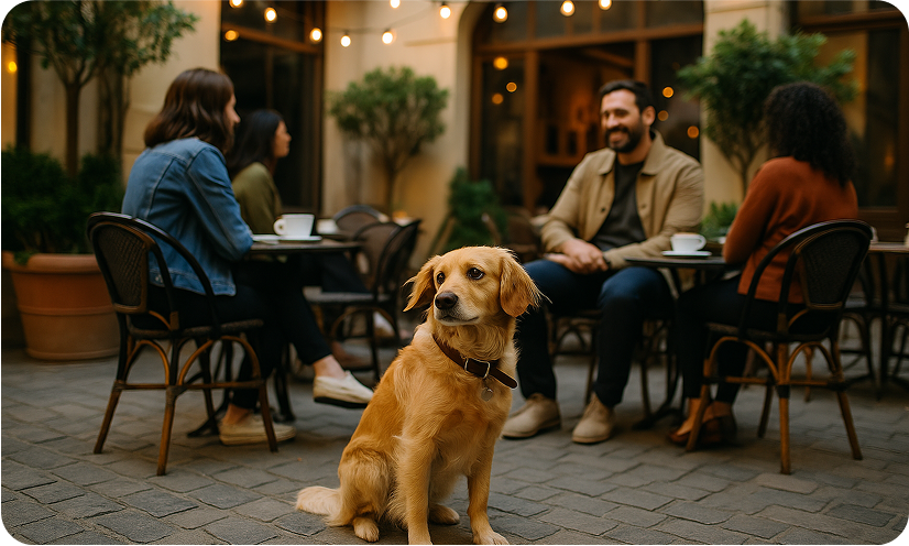 Outdoor café in Dubai with a dog sitting beside its owner, surrounded by greenery and shaded seating — a pet-friendly dining spot in the city.