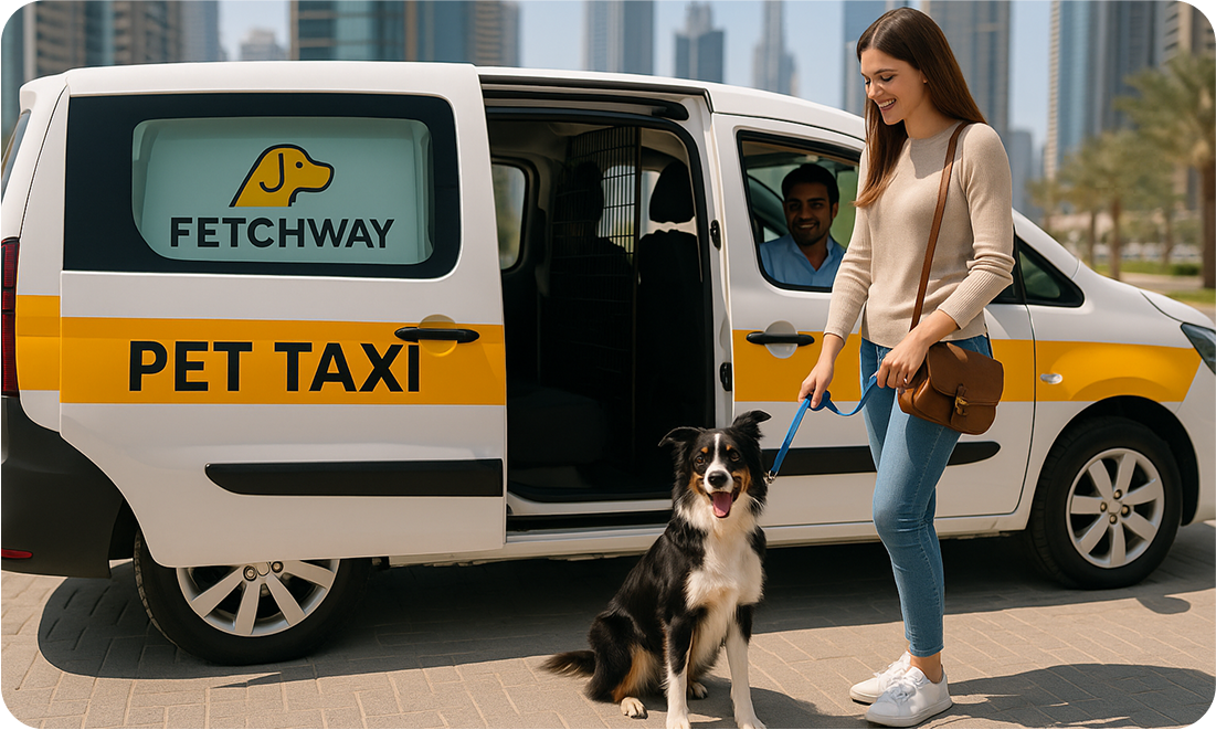 Pet owner and dog being picked up by a pet taxi in Dubai, with skyline buildings in the background — representing safe and pet-friendly transport options.