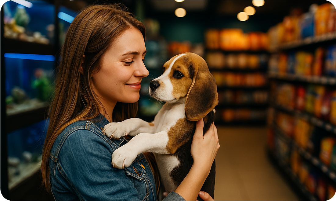 A young woman lovingly holds a small puppy at a pet store in Dubai, showcasing a positive and responsible pet adoption experience.