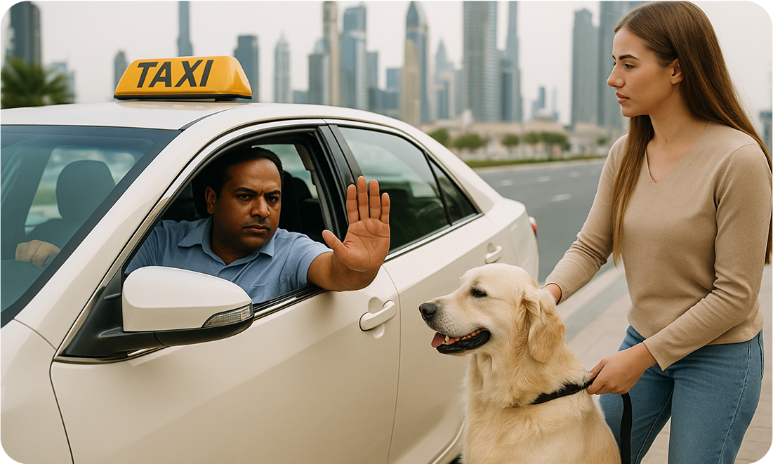 A Dubai taxi driver extends his hand to refuse a ride to a woman and her Golden Retriever on a city sidewalk, with the Dubai skyline in the background.