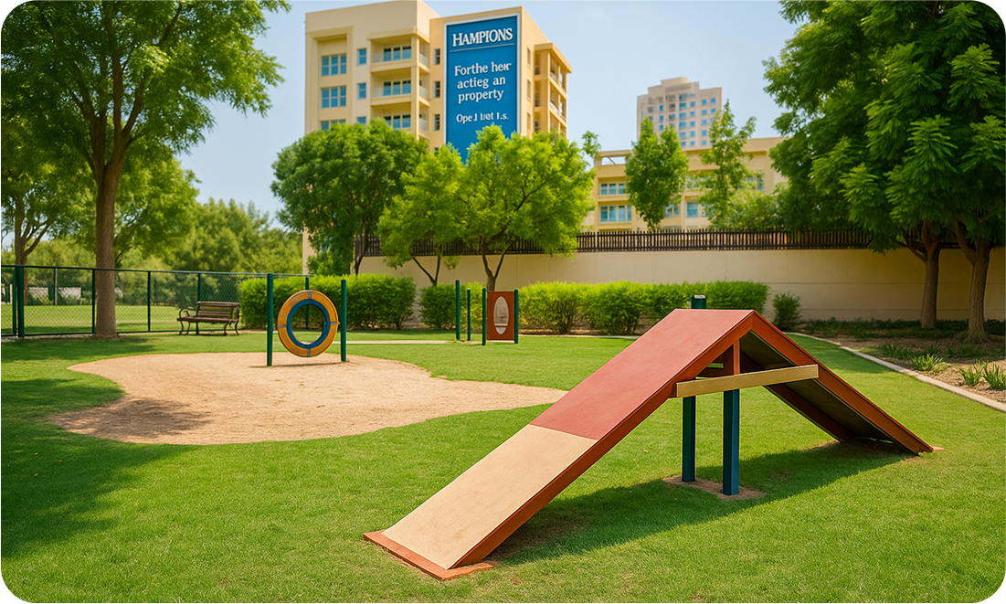The Greens Dog Park in Dubai featuring agility equipment, green grass, and a fenced area for off-leash dog play.
