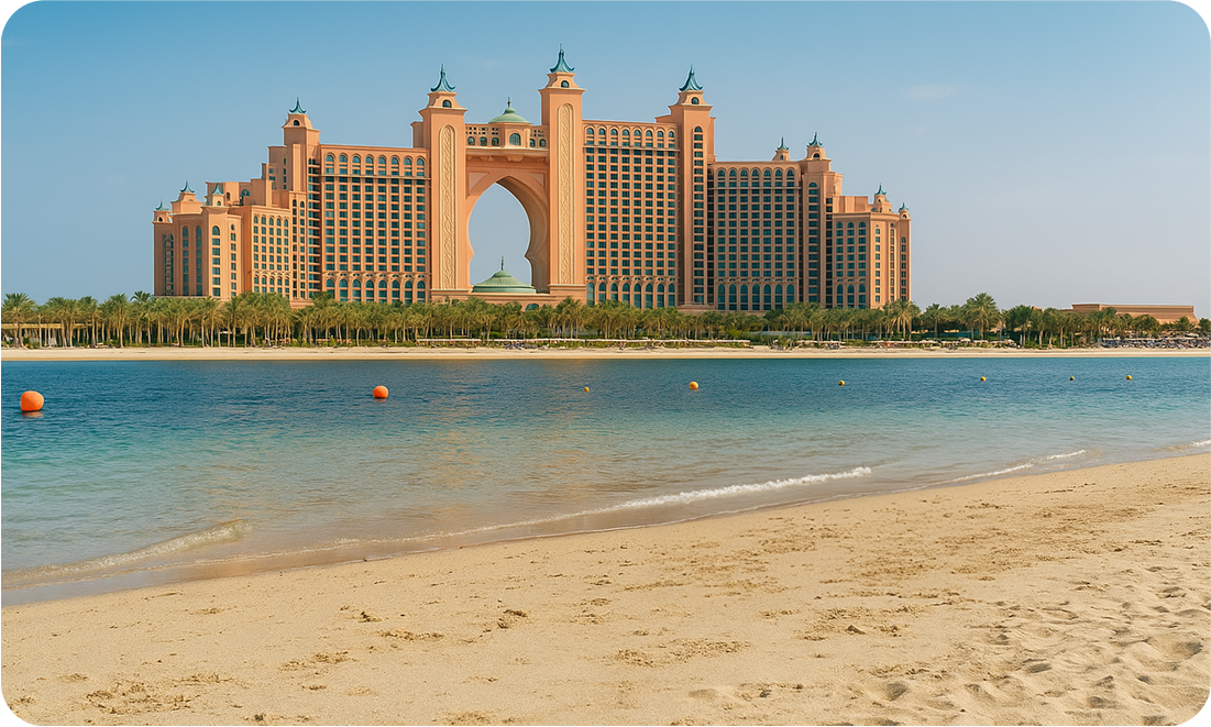 View of The Pointe Beach in Palm Jumeirah, Dubai, with the Atlantis hotel in the background — a pet-friendly beach popular with dog owners.