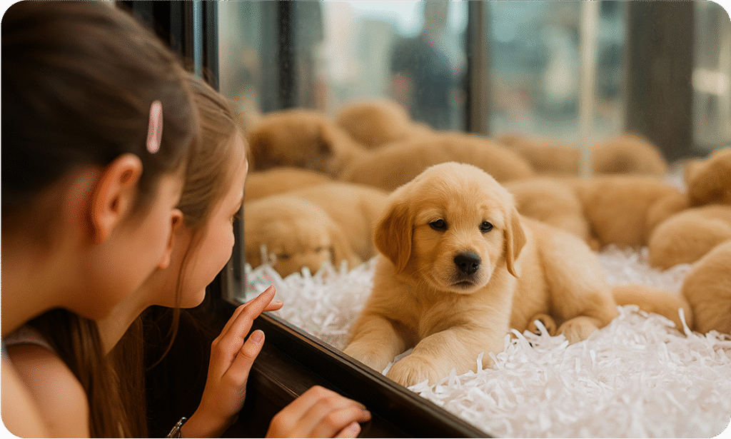 Golden Retriever puppies in a Dubai pet store display, viewed by two girls through a glass enclosure.