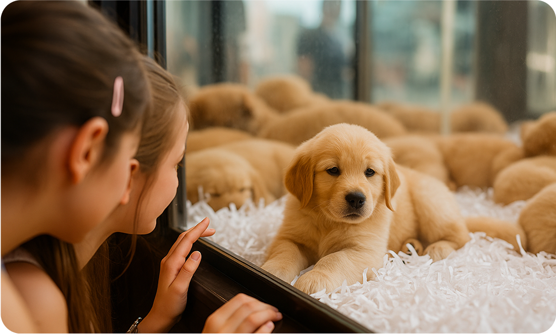 Golden Retriever puppies in a Dubai pet store display, viewed by two girls through a glass enclosure.
