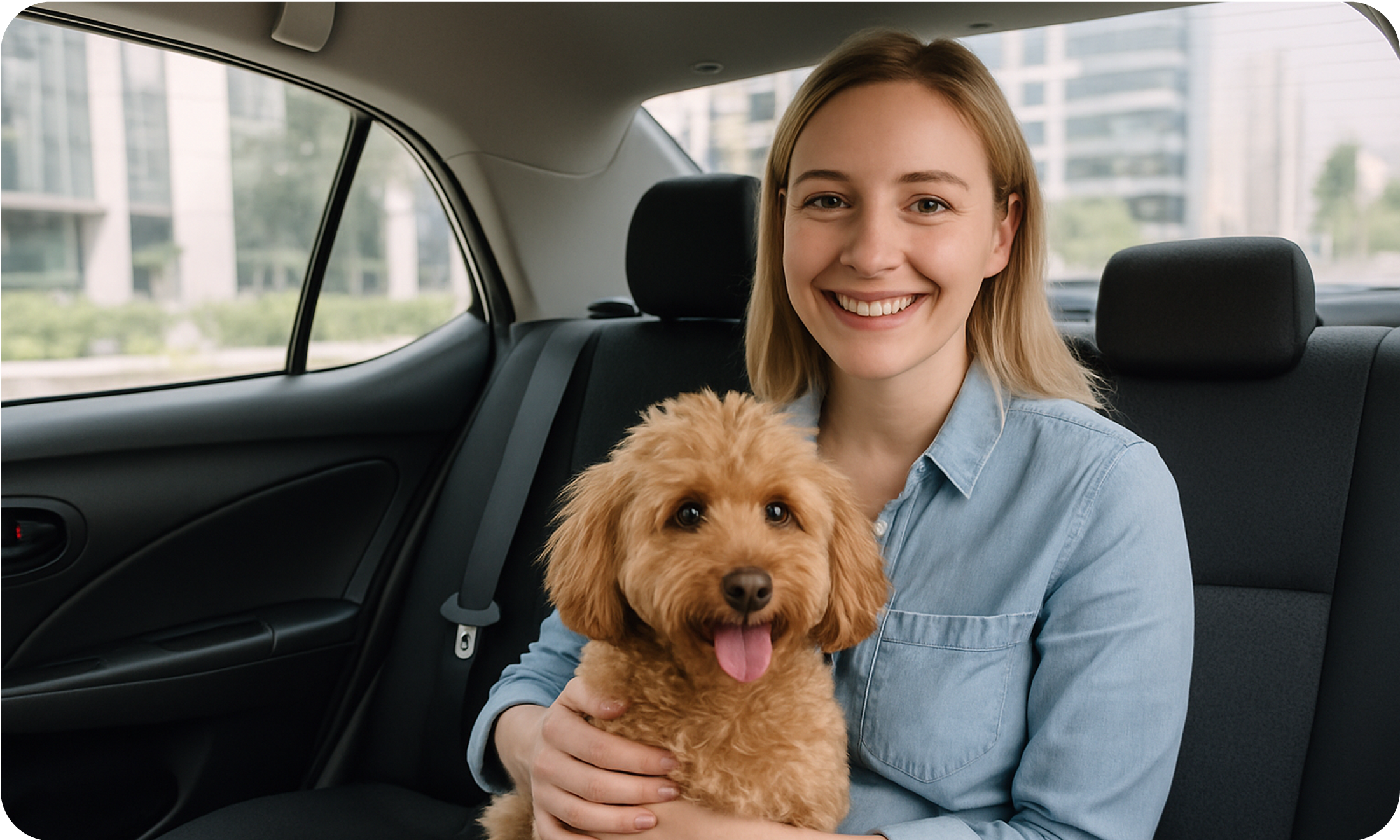 A smiling woman sits in the back seat of a car holding her happy, curly-haired dog, both looking forward during a calm pet transport ride in Dubai.