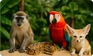 A monkey, parrot, ball python, and fennec fox sitting together in a lush green setting, representing exotic pets and their legal status in Dubai and the UAE in 2025.