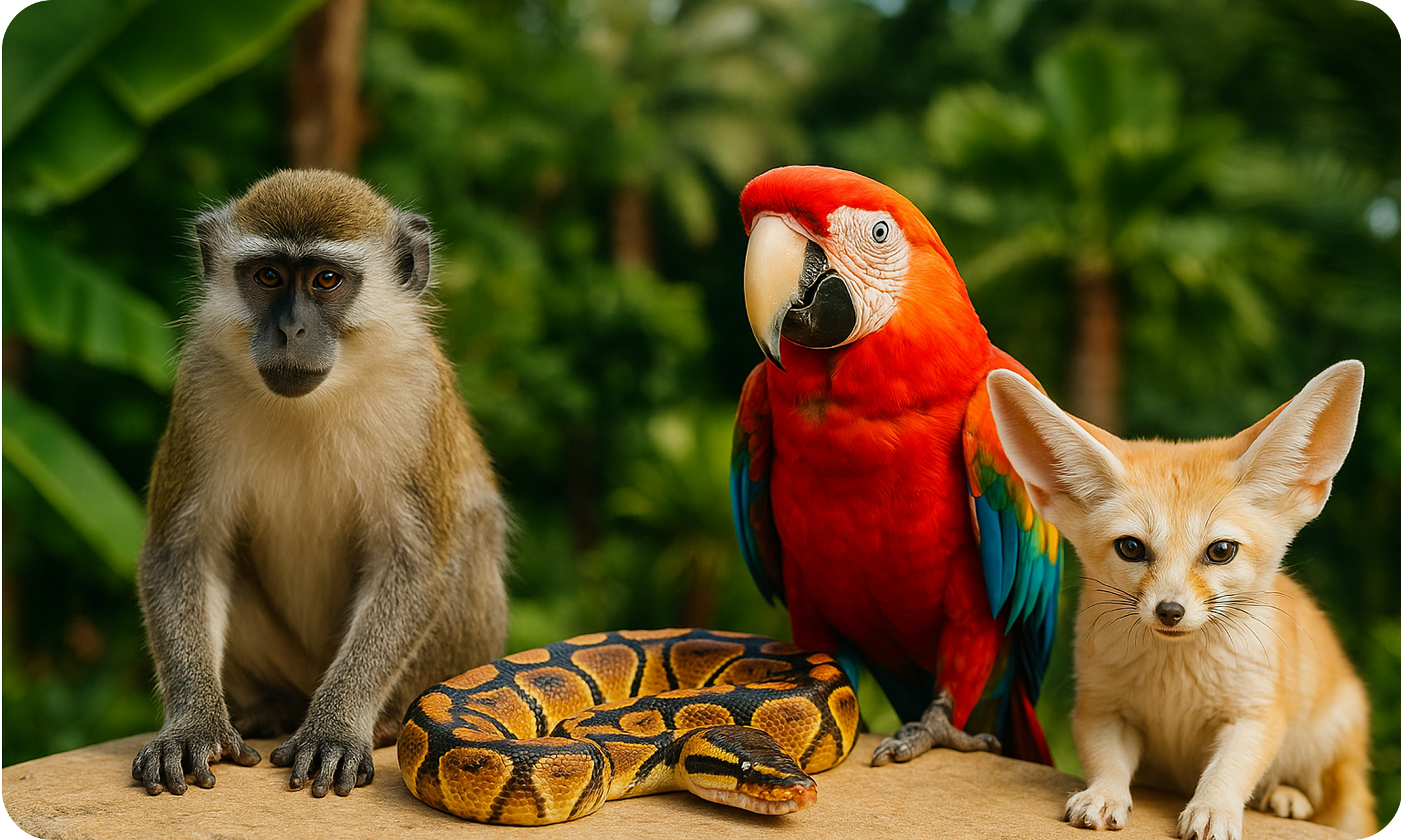A monkey, parrot, ball python, and fennec fox sitting together in a lush green setting, representing exotic pets and their legal status in Dubai and the UAE in 2025.