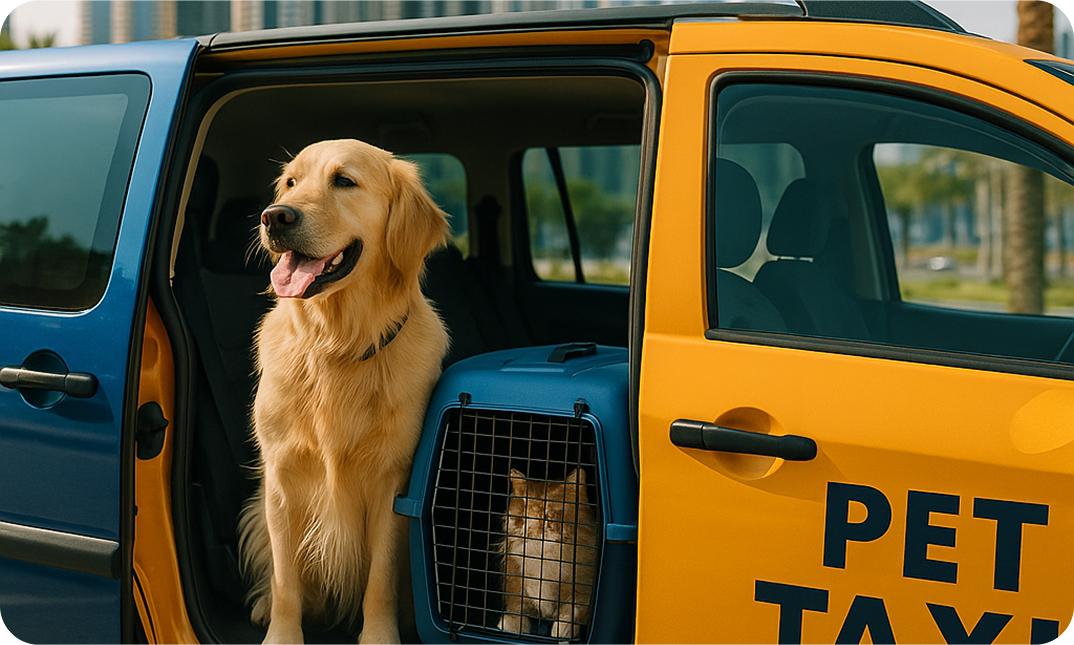 Golden retriever and cat inside pet taxi van in Dubai with skyscrapers and palm trees in the background