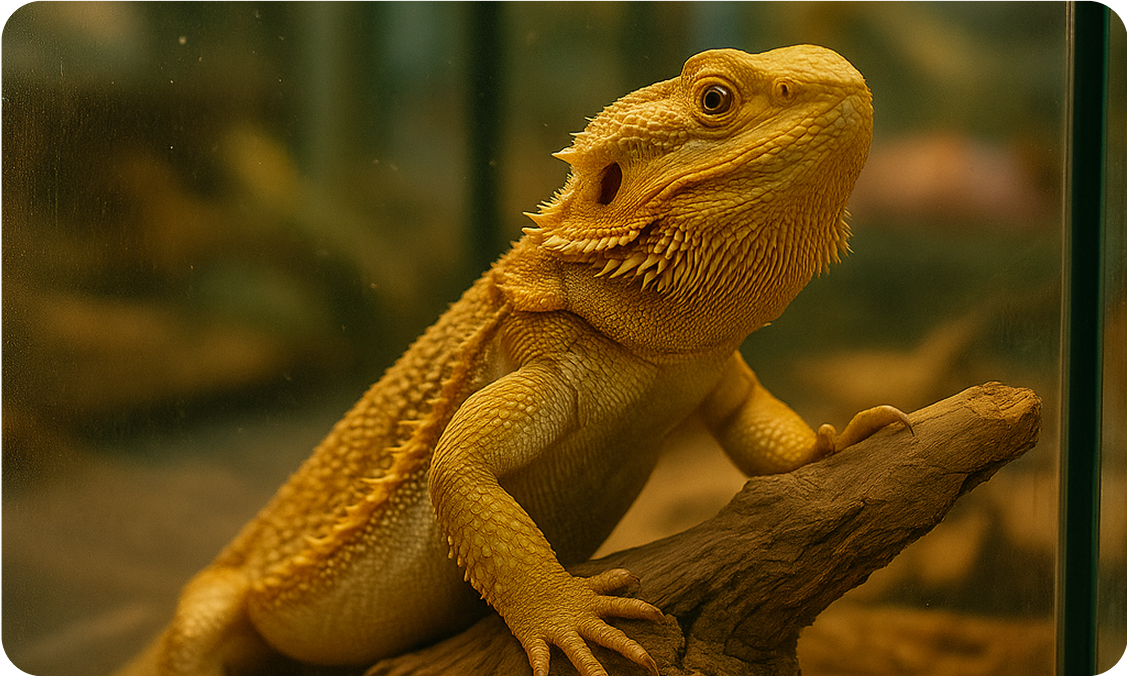 Bearded dragon resting on driftwood inside a glass enclosure at an exotic pet market in Dubai