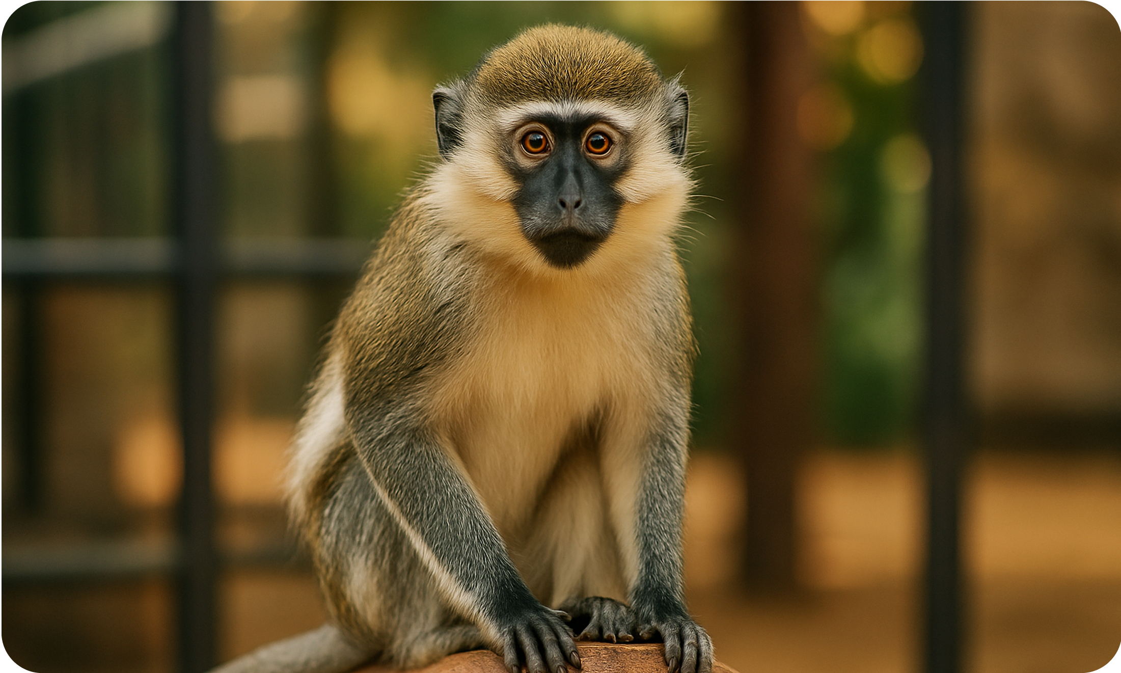 Vervet monkey sitting on a log in a natural enclosure at an exotic animal facility in the UAE