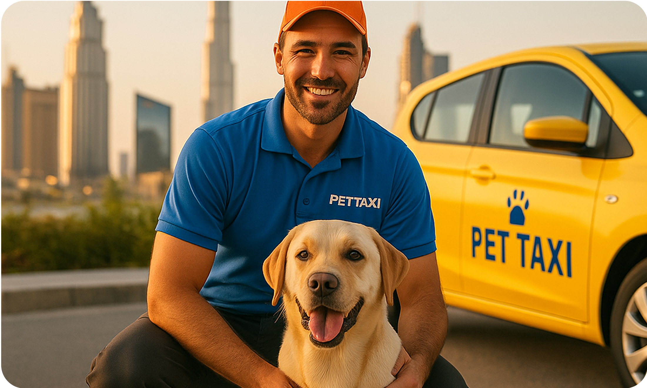 Pet taxi driver in Dubai kneeling next to a golden Labrador in front of a yellow pet taxi car with the Burj Khalifa skyline