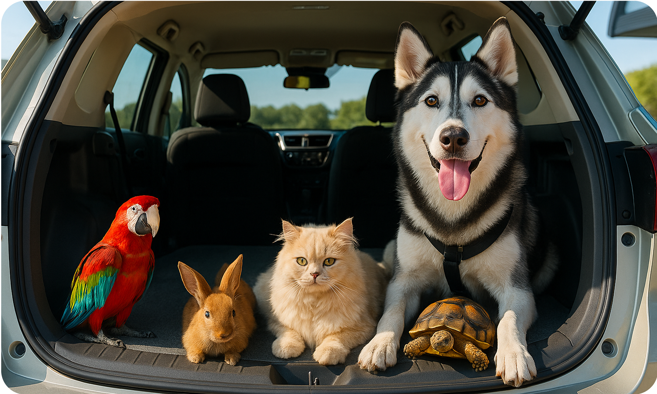 Husky, cat, rabbit, parrot, and tortoise sitting in the open trunk of a pet taxi in Dubai